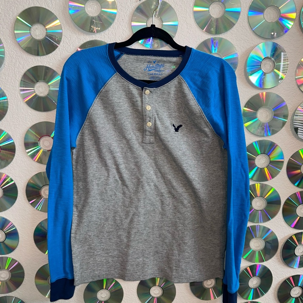 American Eagle Outfitters Blue and Gray Long Sleeve Henley